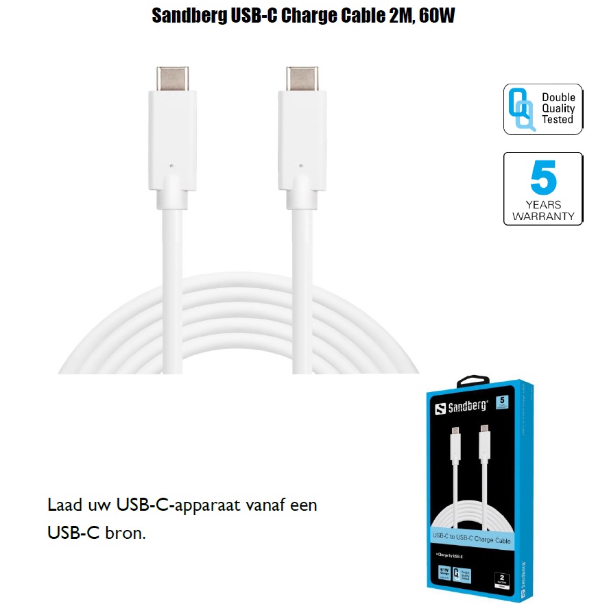 USB-C Charge Cable 2M, 60W Laad uw USB-C-apparaat vanaf een USB-C bron