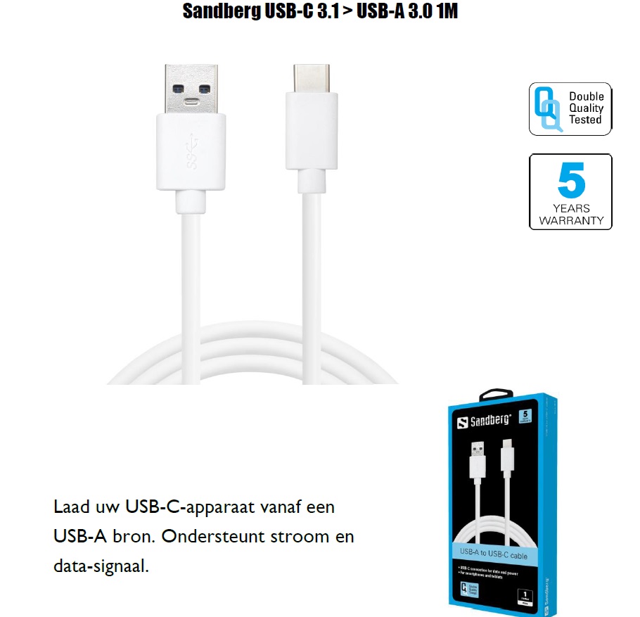 USB-C 3.1 > USB-A 3.0 1M Laad USB-C-apparaat vanaf USB-A bron Ondersteunt stroom en data-signaal