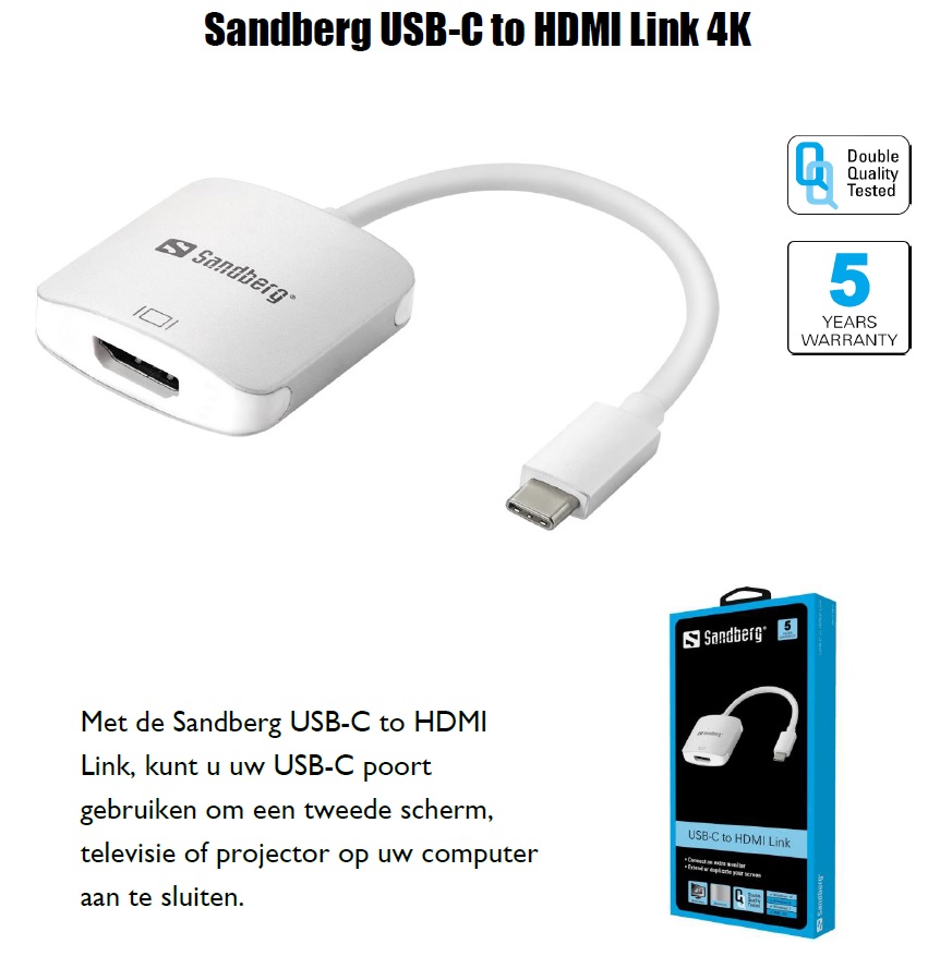 USB-C to HDMI Link 4K USB-C poort voor aansluiting 2e scherm, televisie of projector op PC, laptop
