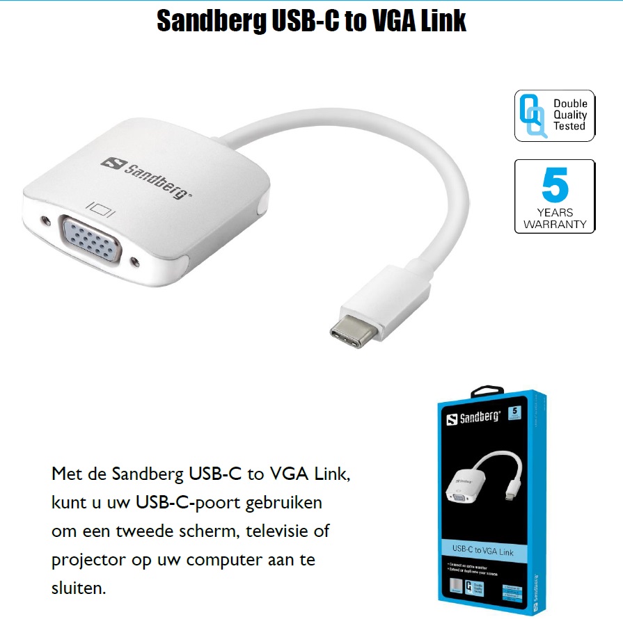 USB-C to VGA Link USB-C-poort om tweede scherm, televisie of projector op pc laptop aan te sluiten