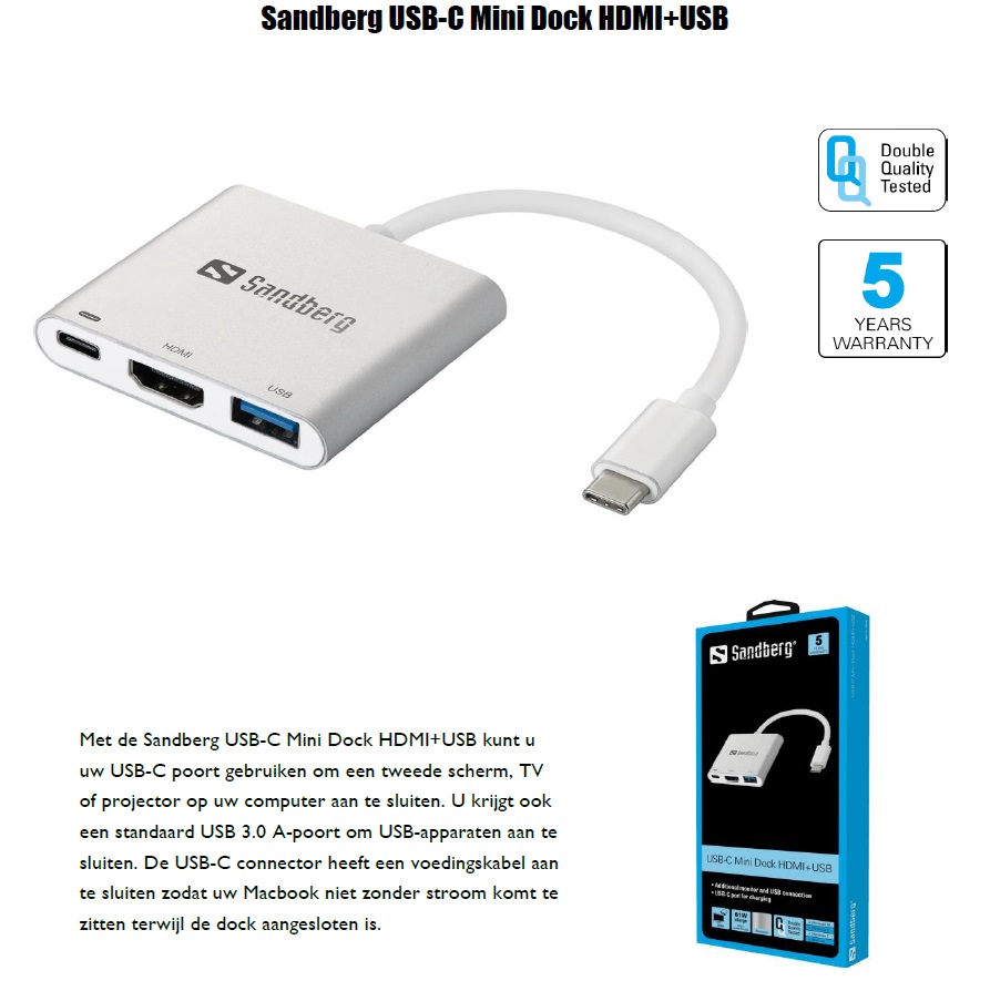 USB-C Mini Dock HDMI + USB USB-C poort aansluiten 2e scherm tv projector USB 3.0 A