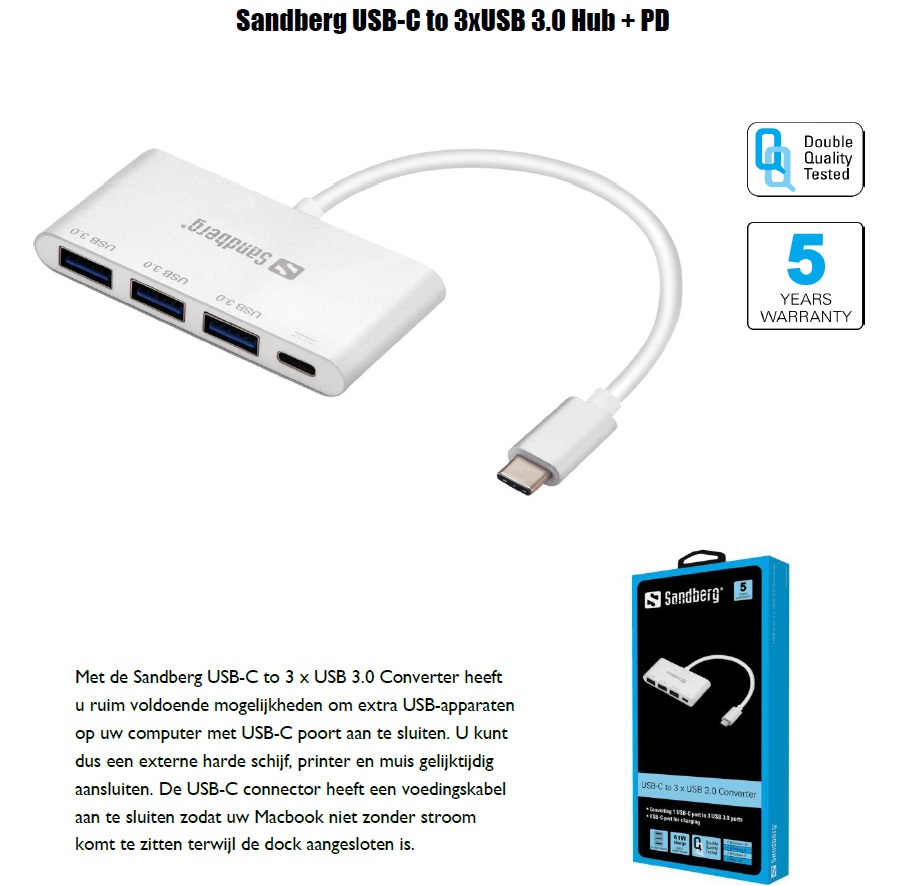 USB-C to 3x USB 3.0 Hub + PD Converter extra USB-apparaten op USB-C poort ook voor MacBook