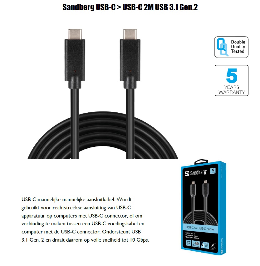 USB-C > USB-C 2M USB 3.1 Gen.2 aansluitkabel
