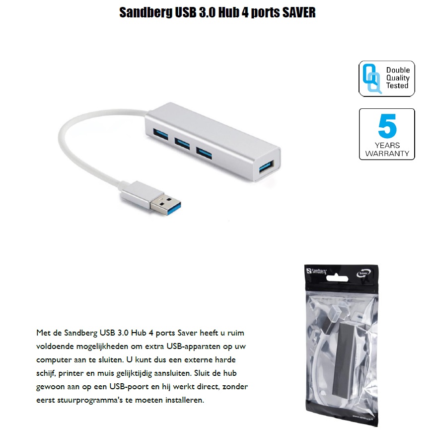 USB 3.0 Hub 4 ports SAVER externe harde schijf, printer en muis gelijktijdig aansluiten