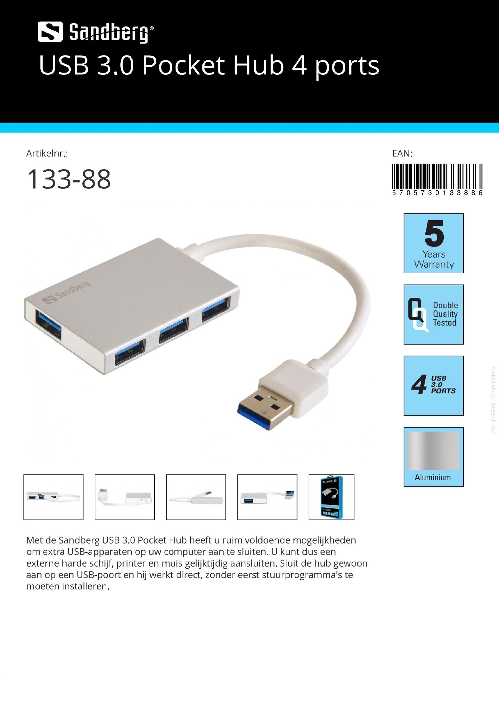 USB 3.0 Pocket Hub 4 ports aansluiting extra USB apparaten op laptop notebook of pc computer