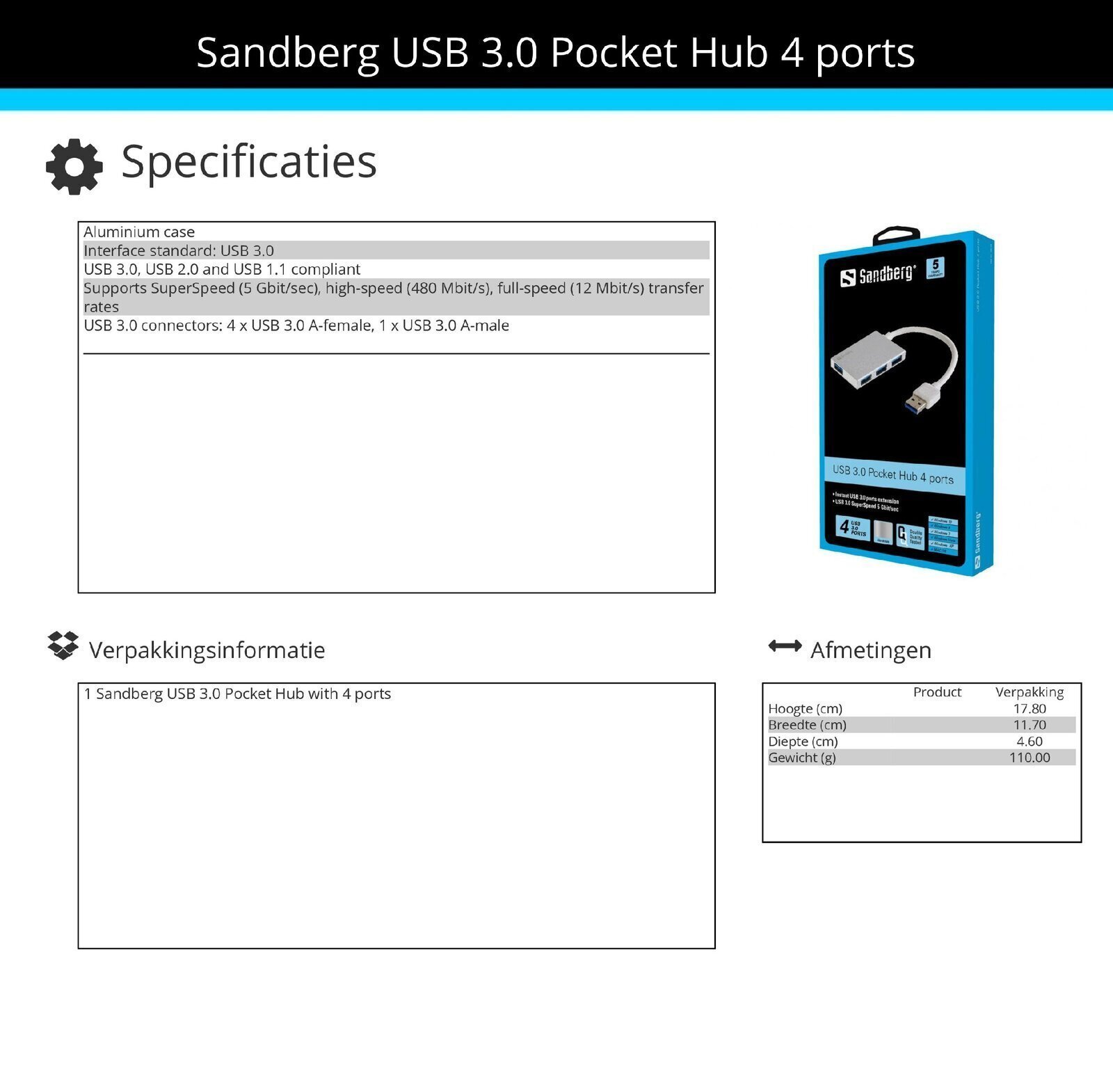 USB 3.0 Pocket Hub 4 ports aansluiting extra USB apparaten op laptop notebook of pc computer - Afbeelding 3
