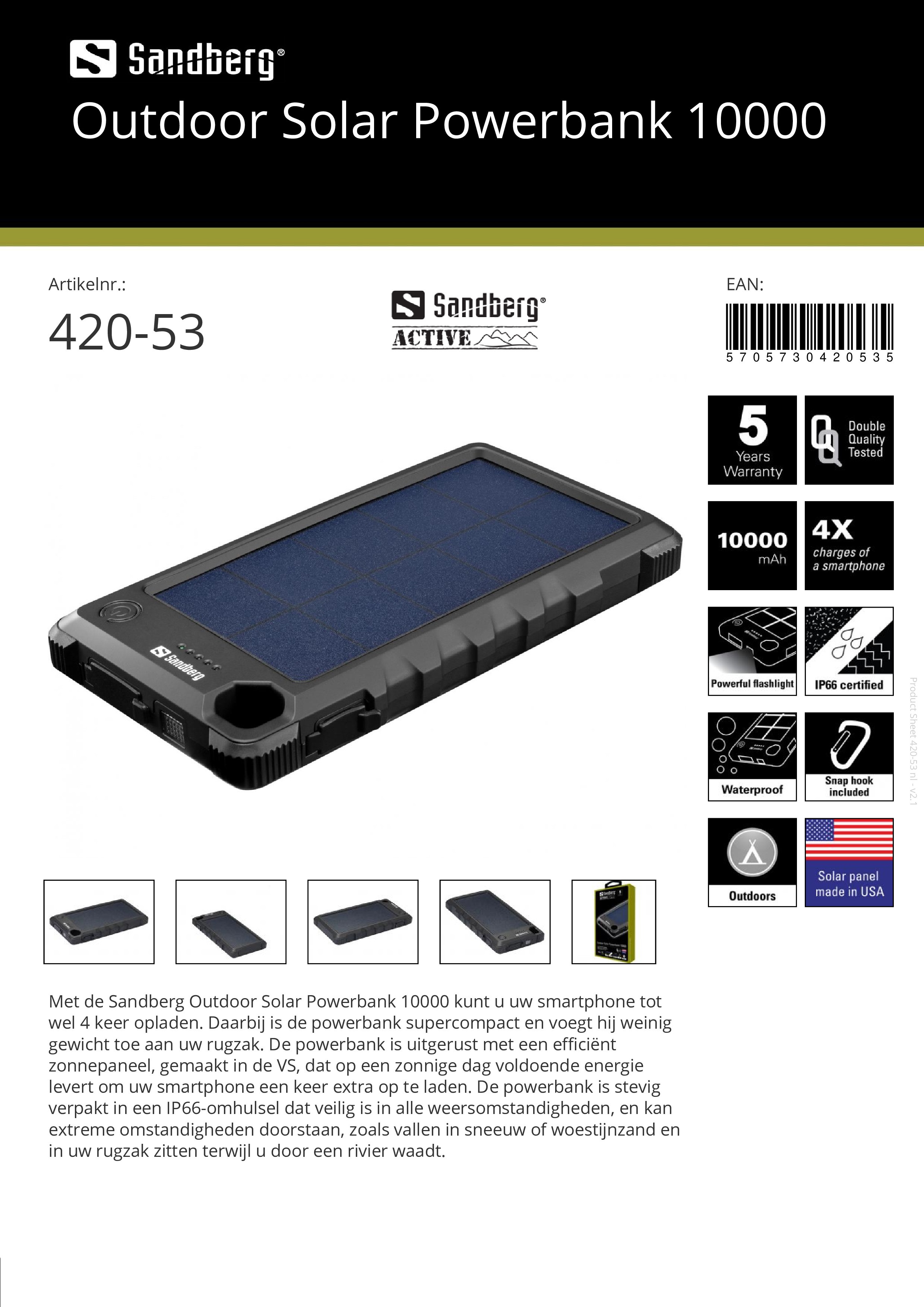 Outdoor Solar Powerbank 10000 kunt u uw smartphone tot wel 4 keer opladen