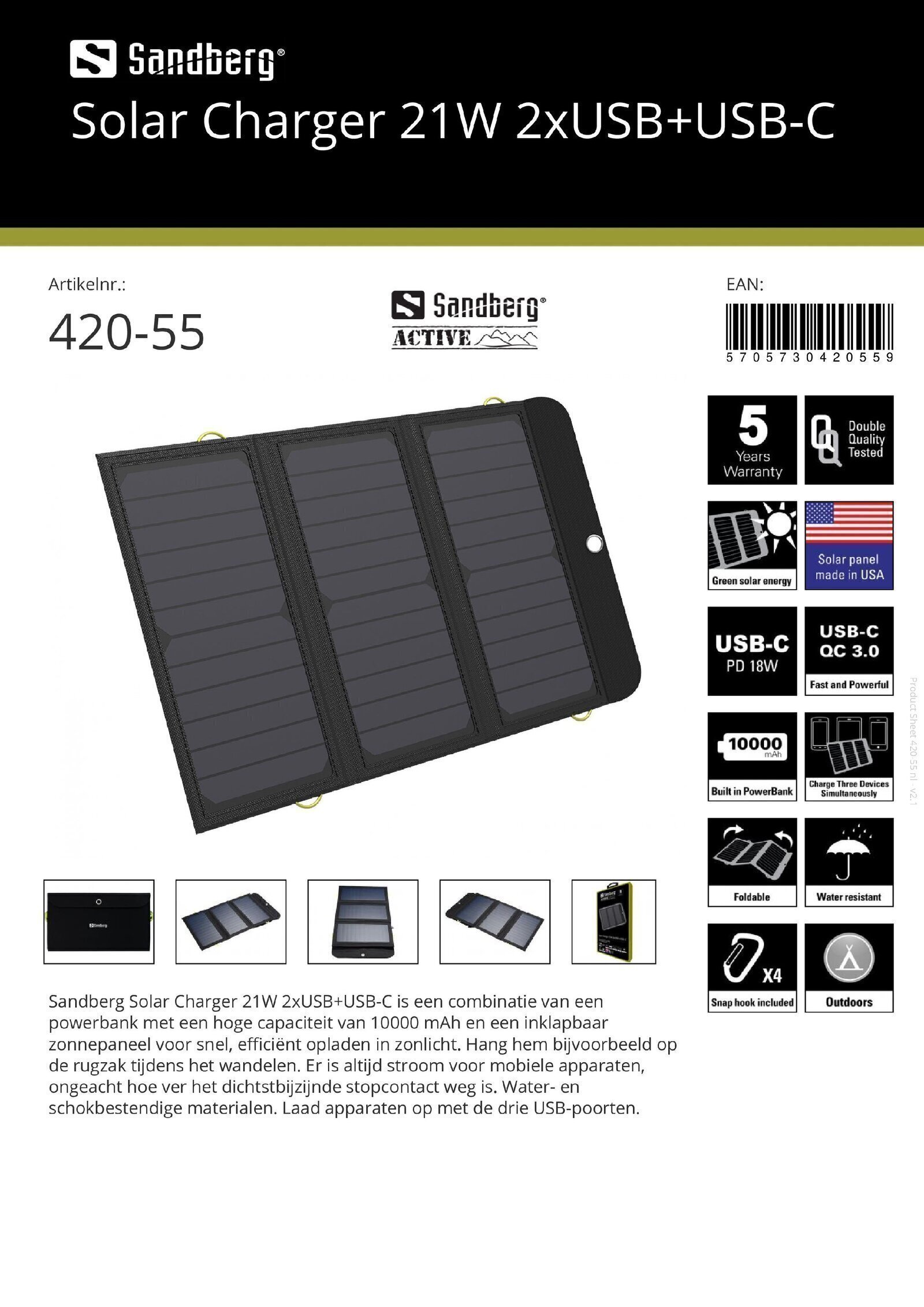 Solar Charger 21W 2xUSB + USB-C - nr. 1