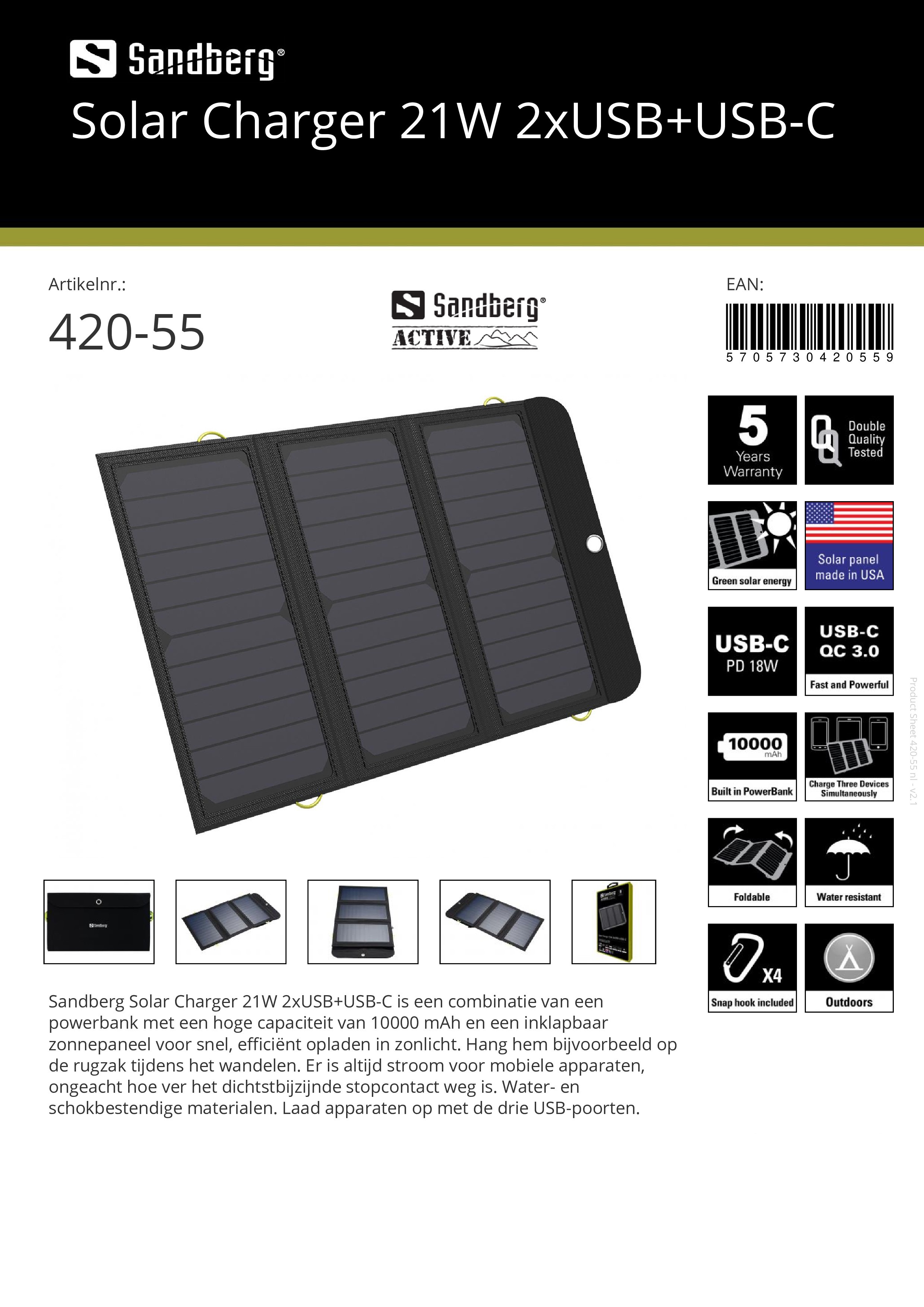 Solar Charger 21W 2xUSB + USB-C