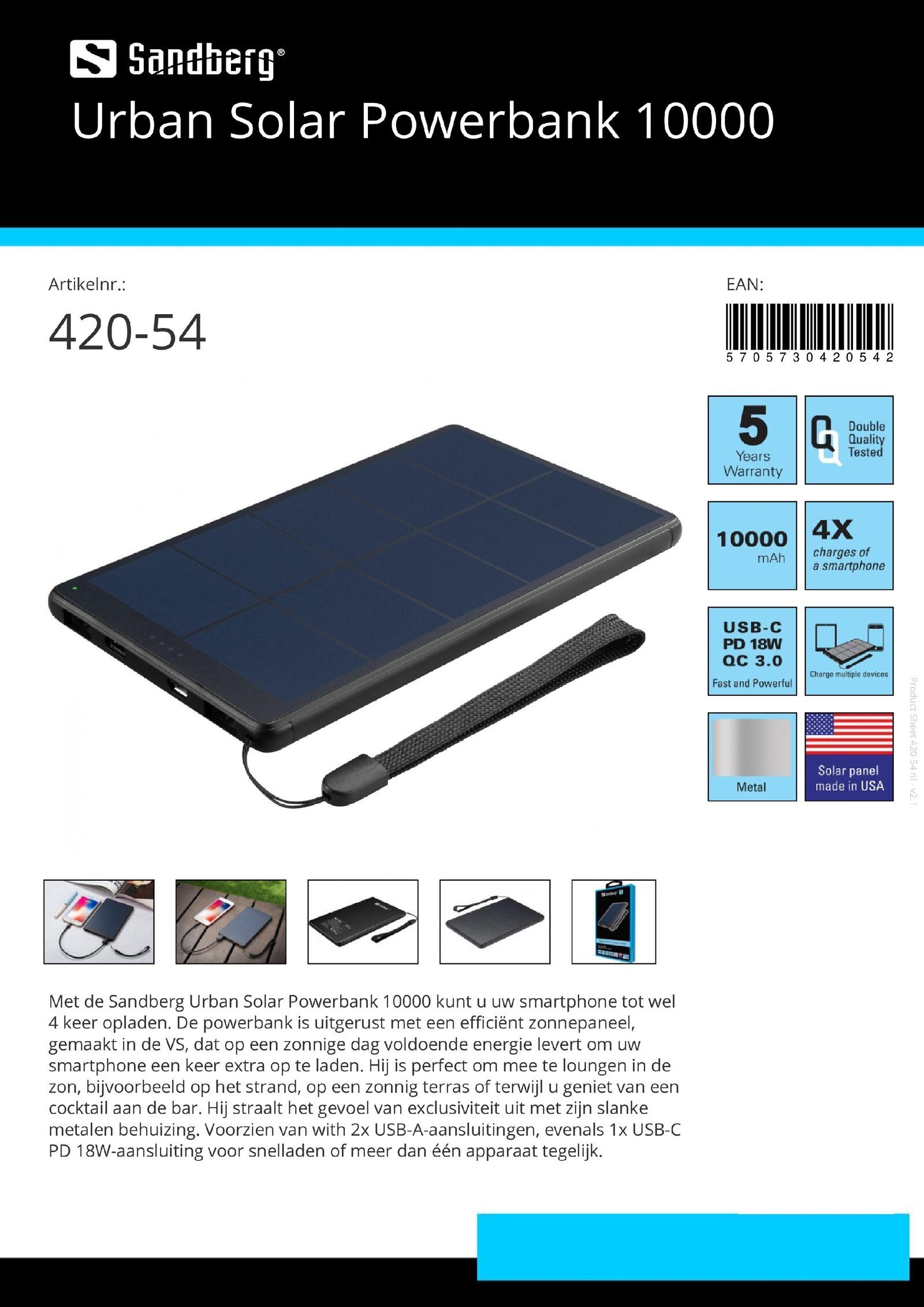 Urban Solar Powerbank 10000 opladen 4x accu smartphone - nr. 1