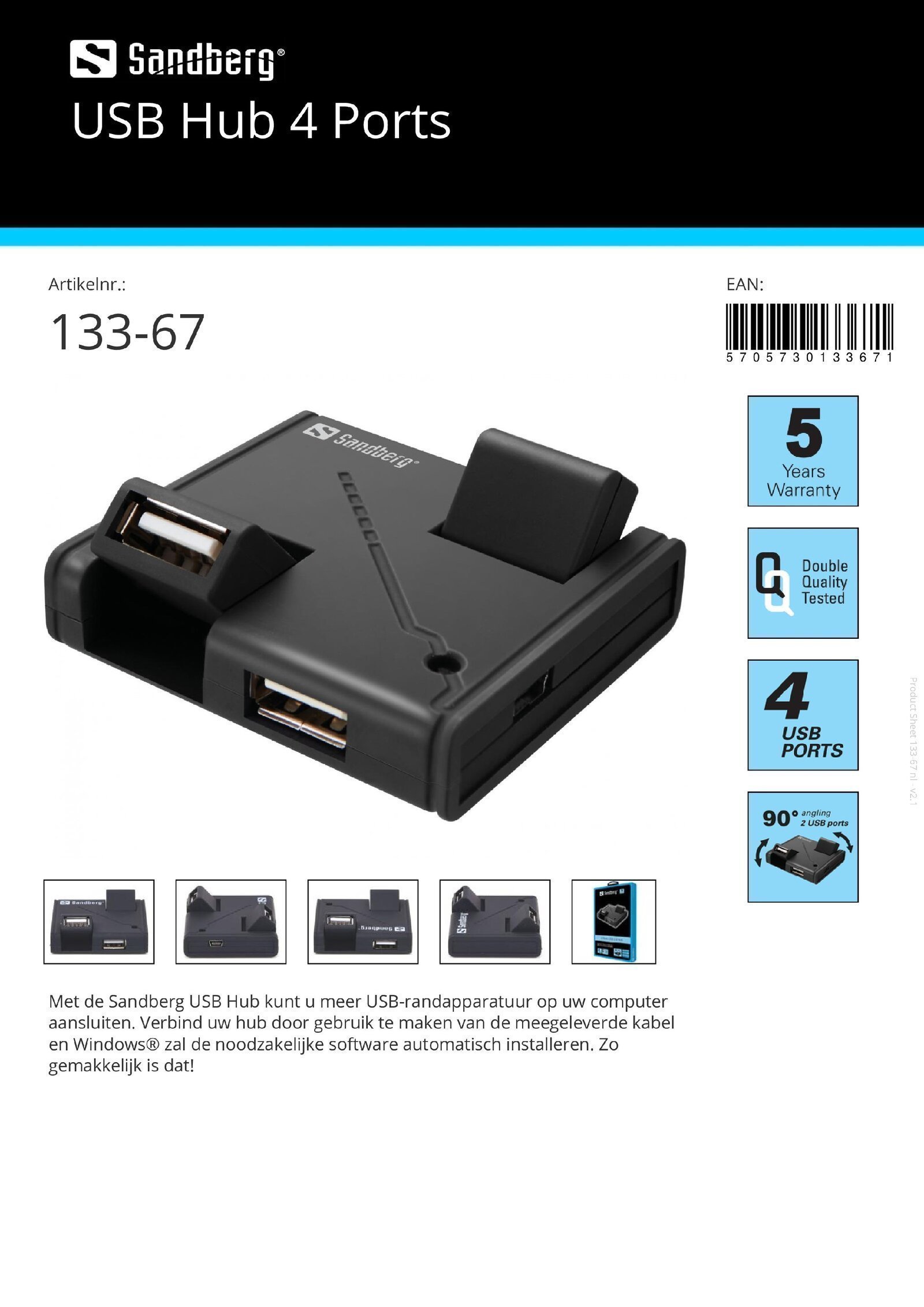 USB Hub 4 Ports aansluiten USB randapparatuur op computer