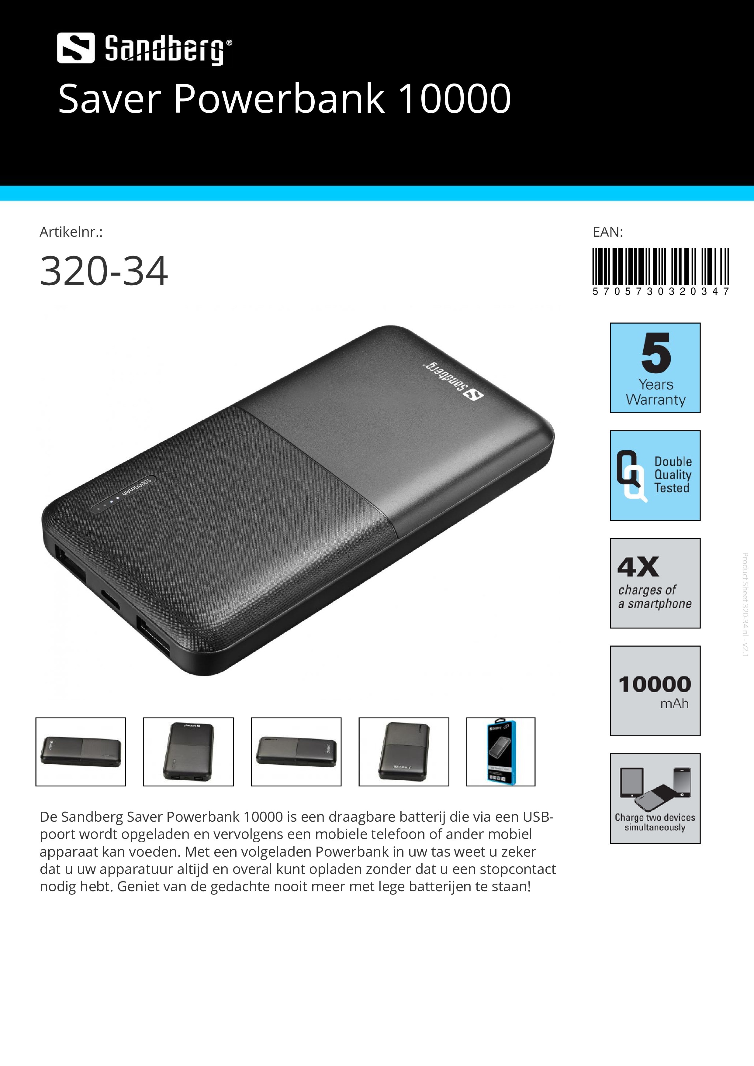 Saver Powerbank 10000 draagbare batterij opgeladen via USB