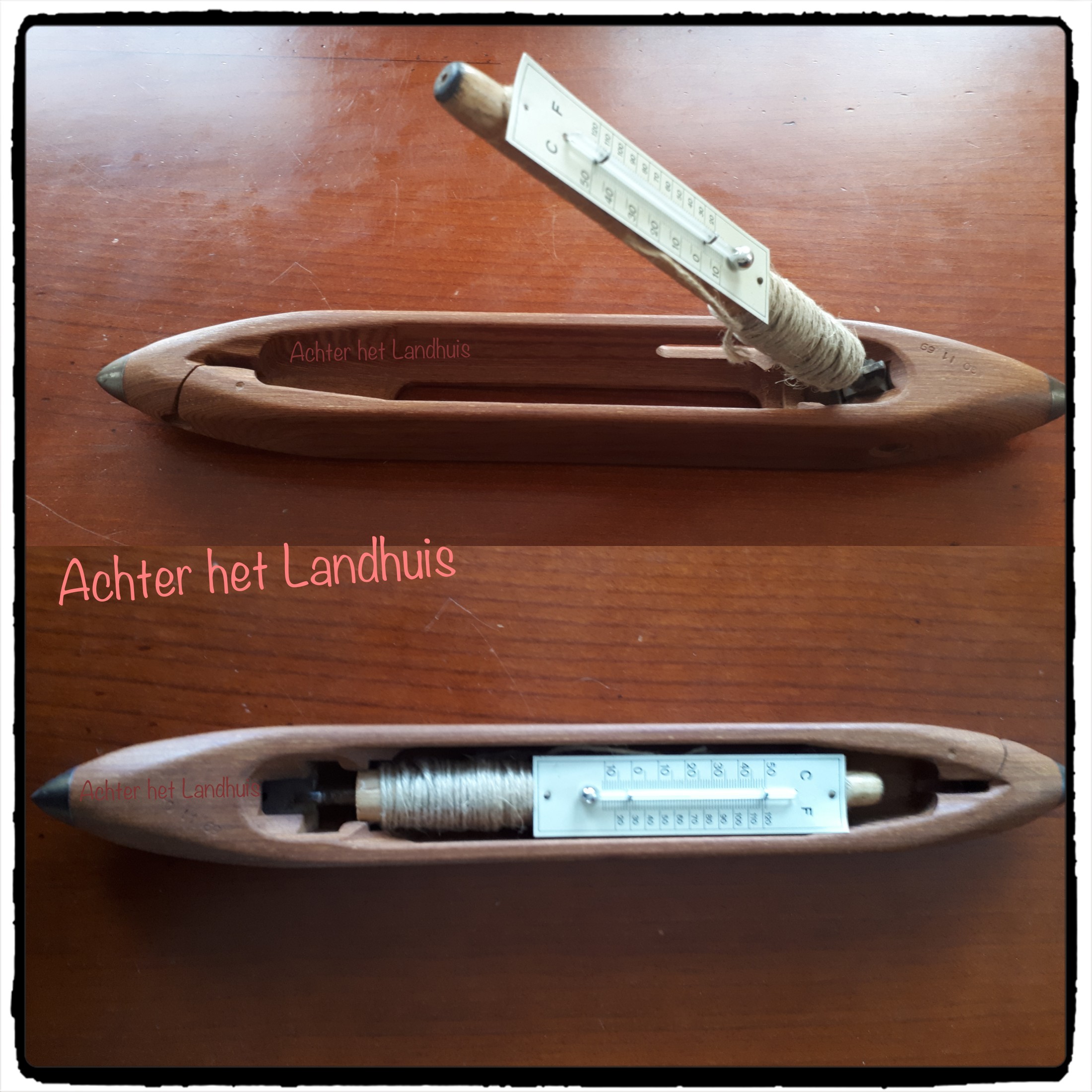 Houten Schietspoel of Weefspoel met weefgetouw en thermometer AGO