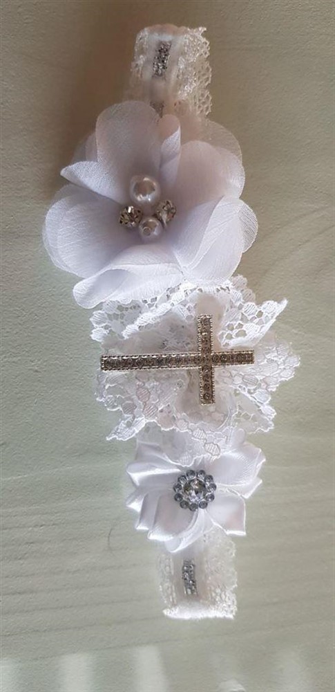 Haarbandje voor doop doopsel haarbandje zilver kruis handmade - Afbeelding 2