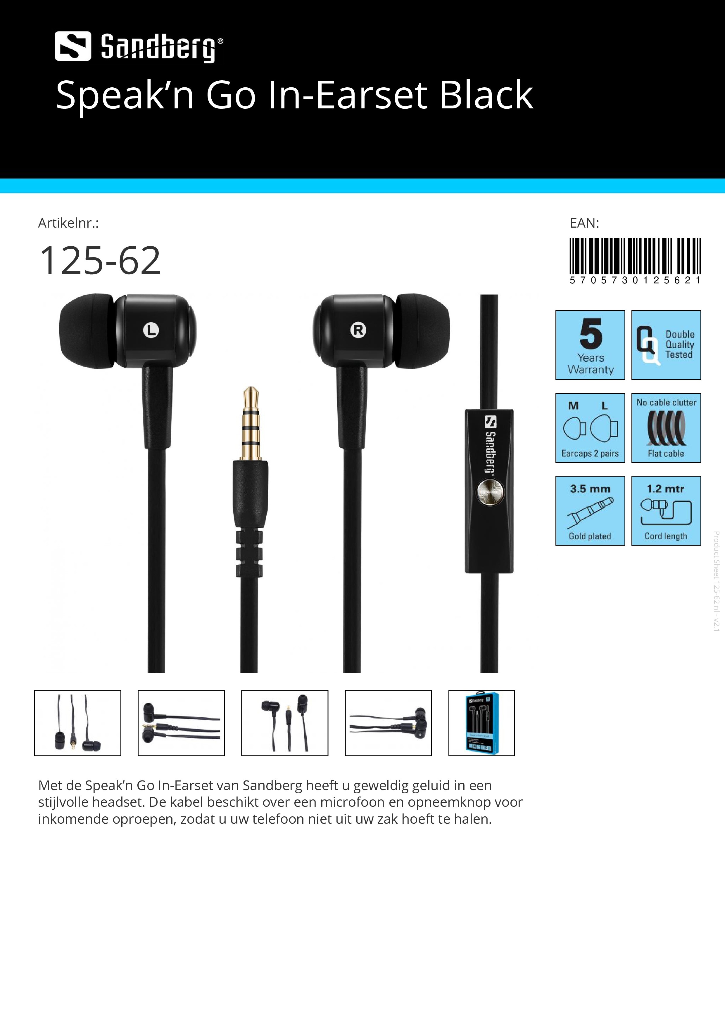 Speak’n Go In-Earset Black stijlvolle headset microfoon en opnameknop
