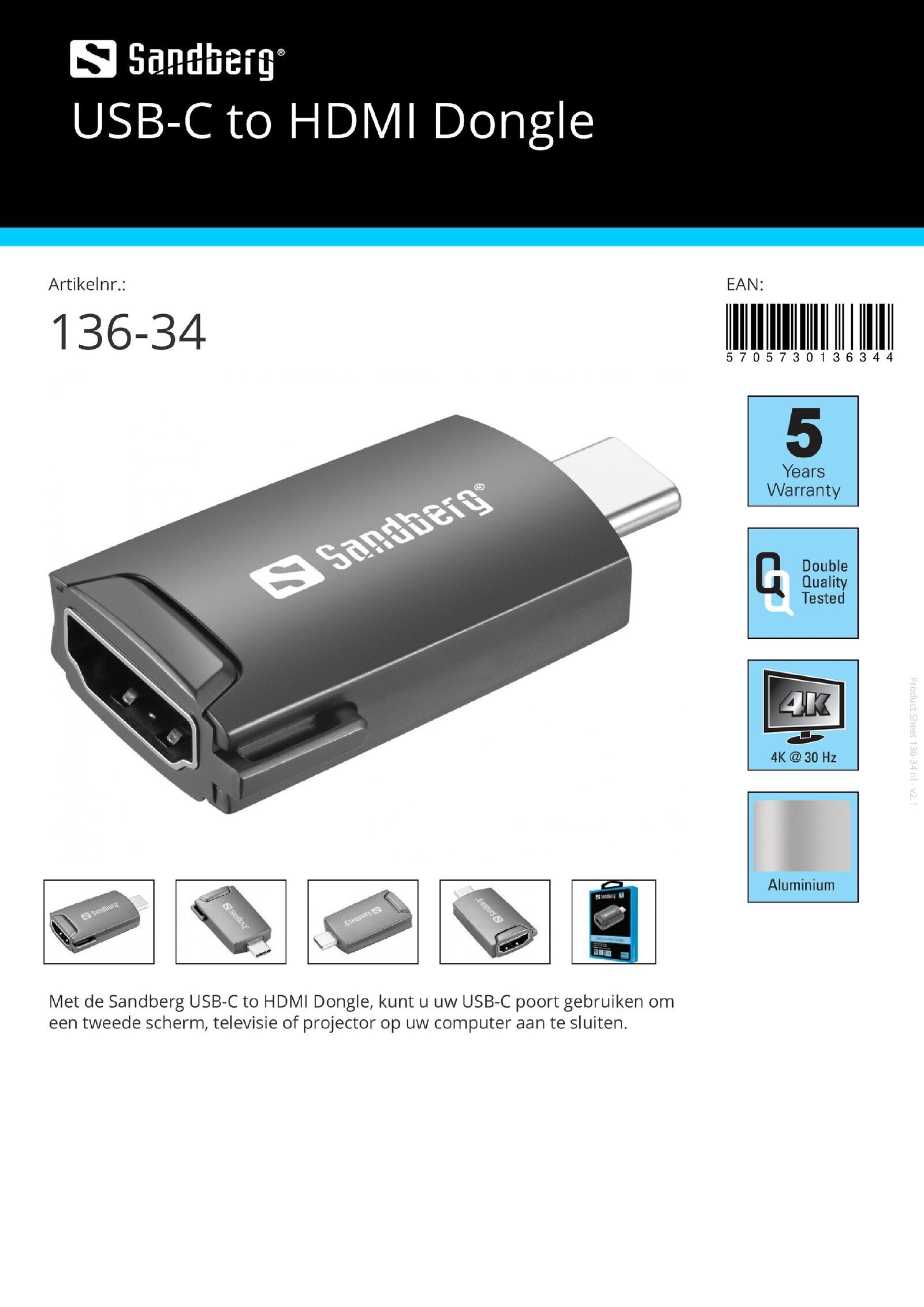 USB-C to HDMI Dongle aansluiting 2e tweede scherm, televisie of projector