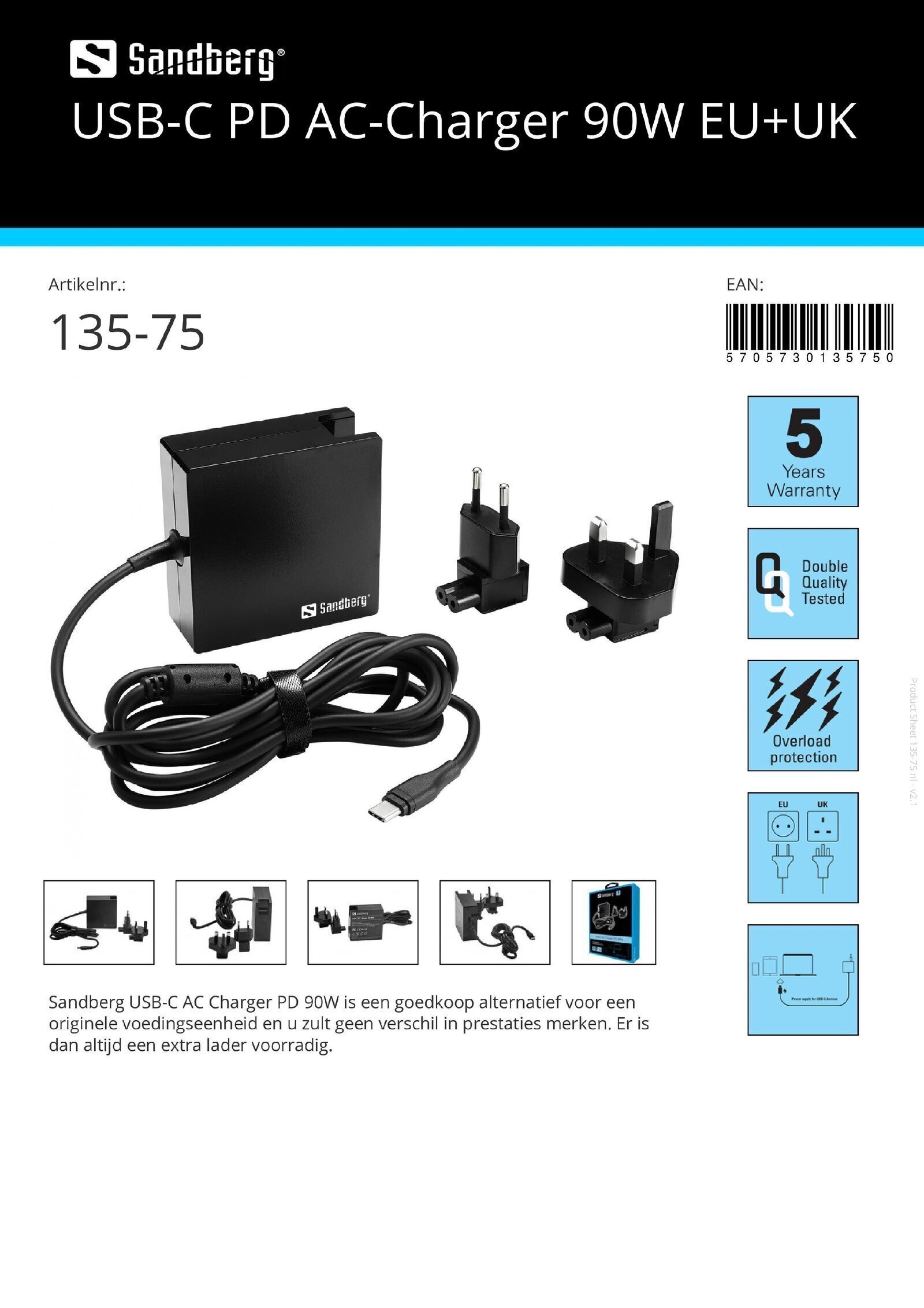 USB-C PD AC-Charger 90W EU+UK oplader