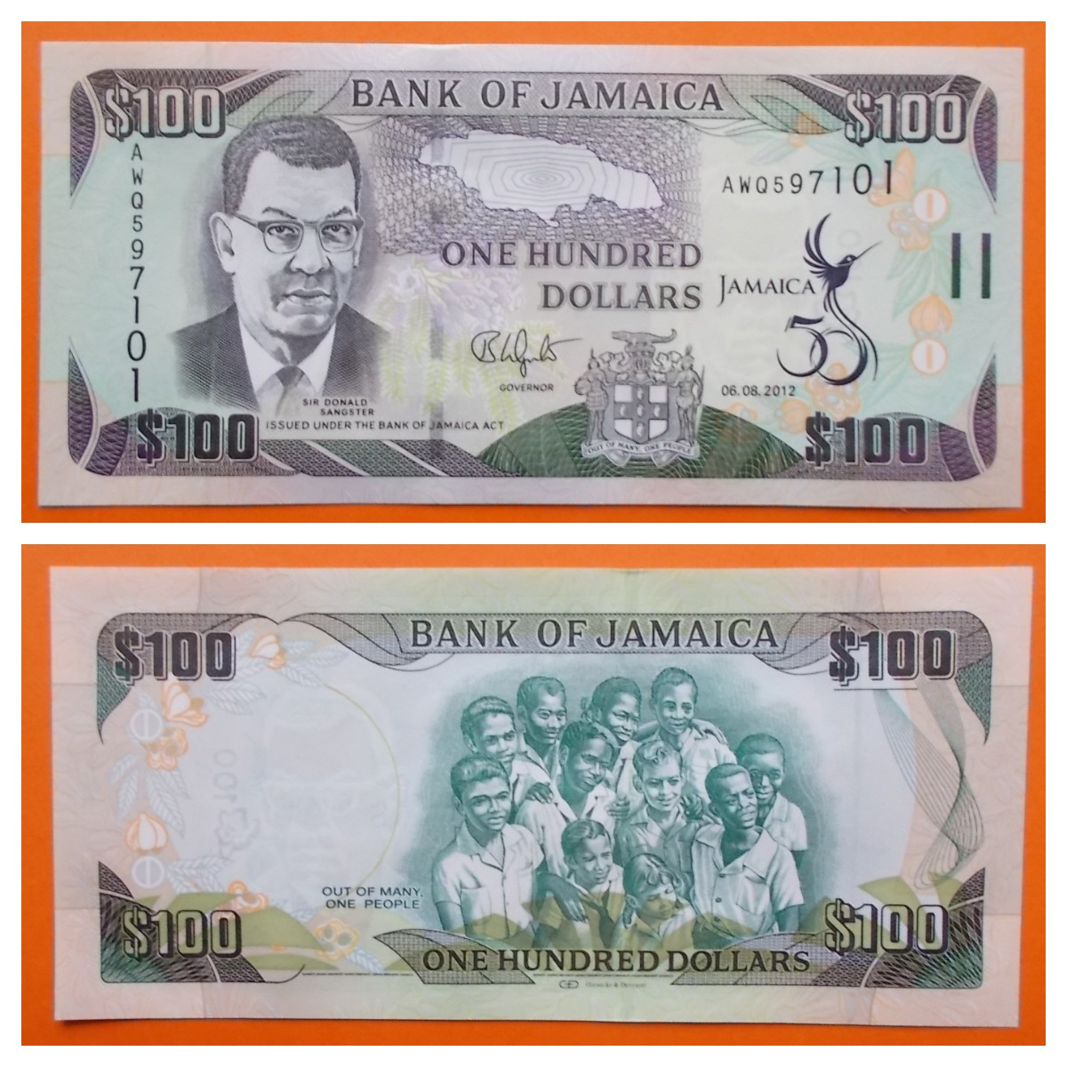 Jamaica 100 Dollars 2012 P-90 50th COMM Unc s_n AWQ597101 - nr. 1