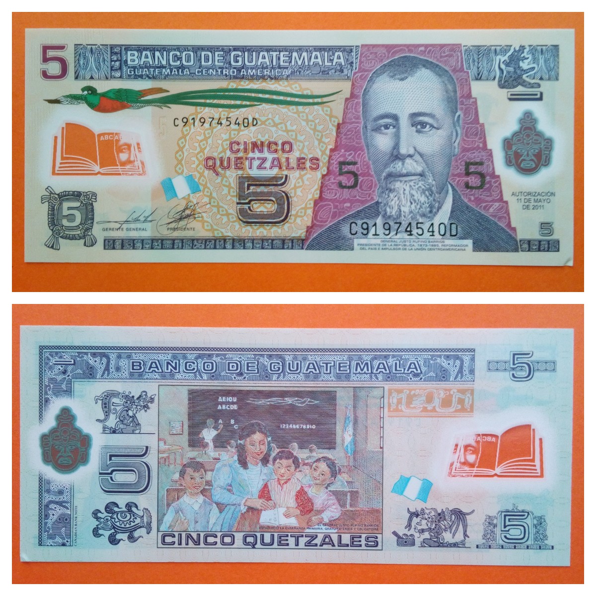 Guatemala 5 Quetzales P 122b 2011 UNC SN C91974540D - nr. 1
