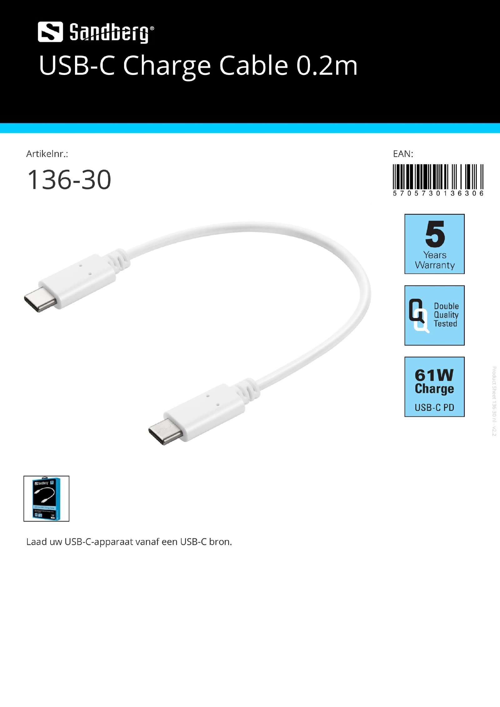 USB-C Charge Cable 0.2m USB-C kabel oplader 0.2m - nr. 1
