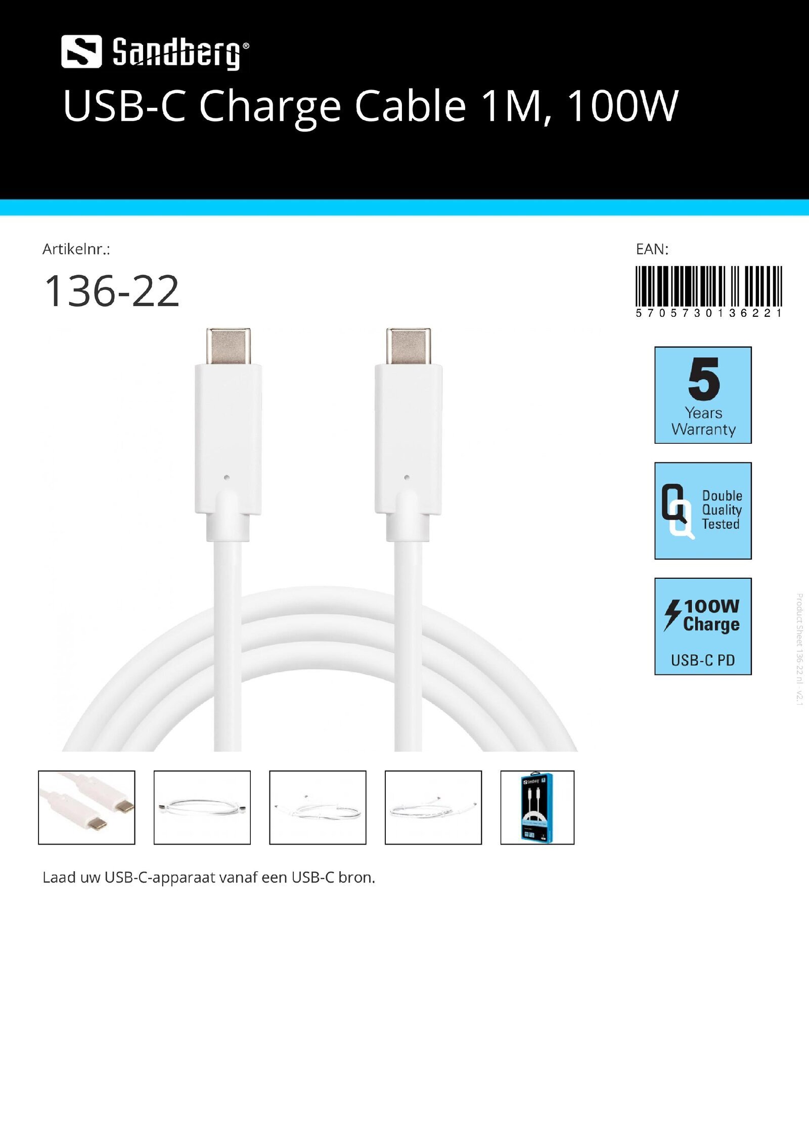 USB-C Charge Cable 1M 100W USB-C oplaad kabel 1 meter 100W