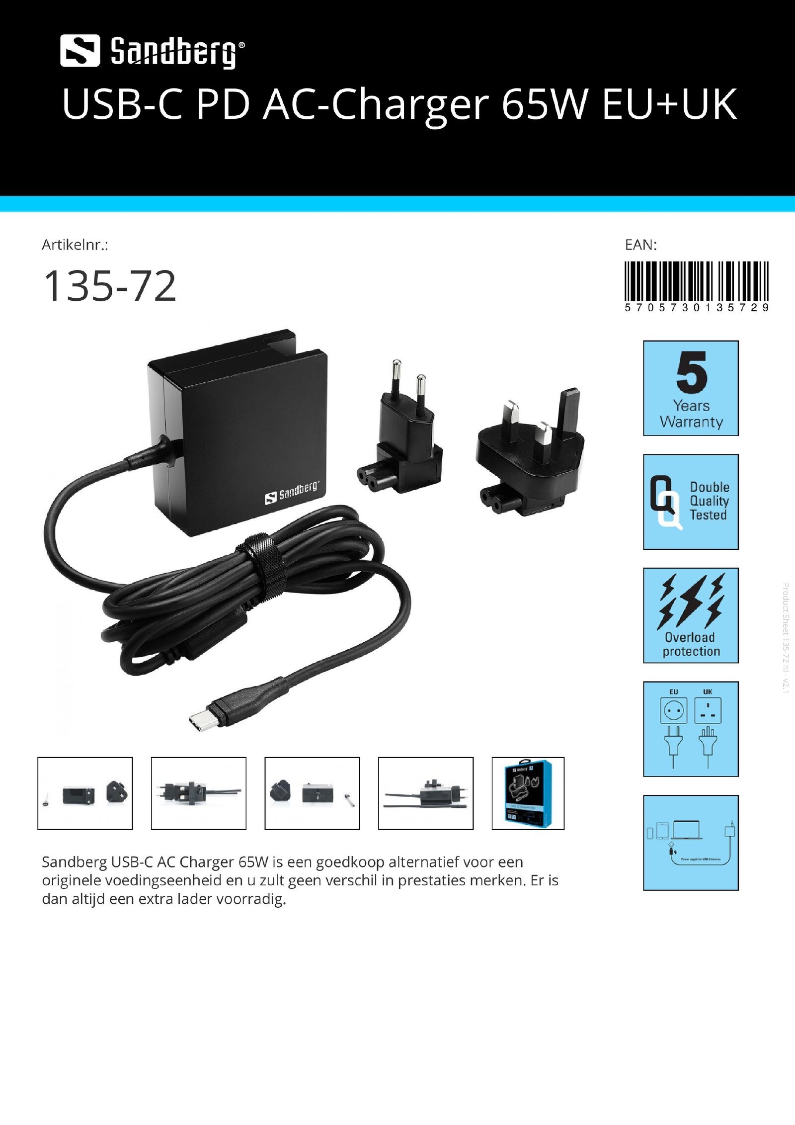 USB-C PD AC-Charger 65W EU + UK