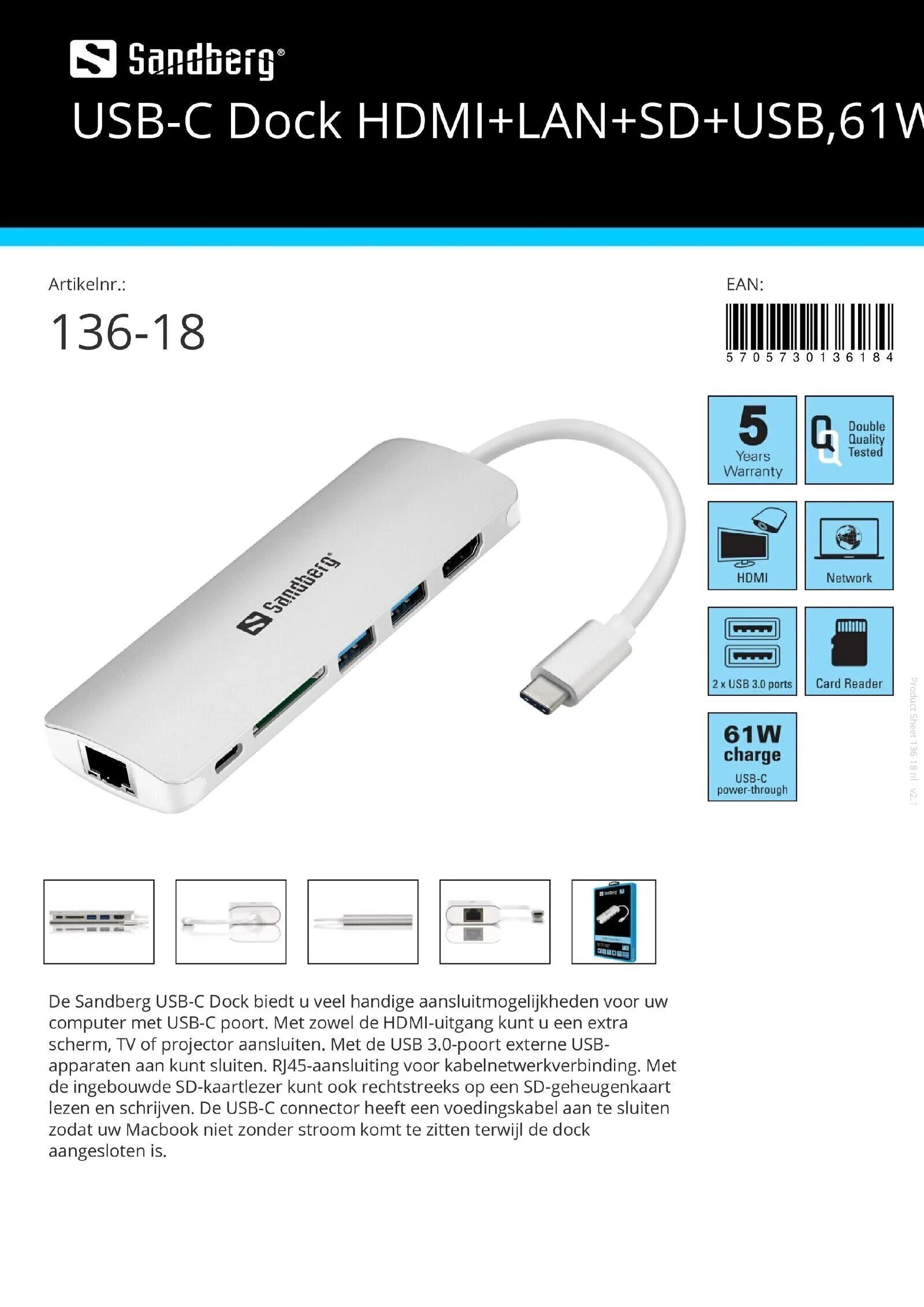 USB-C Dock HDMI + LAN + SD + USB 61W HDMI-uitgang aansluiten extra scherm, TV, projector