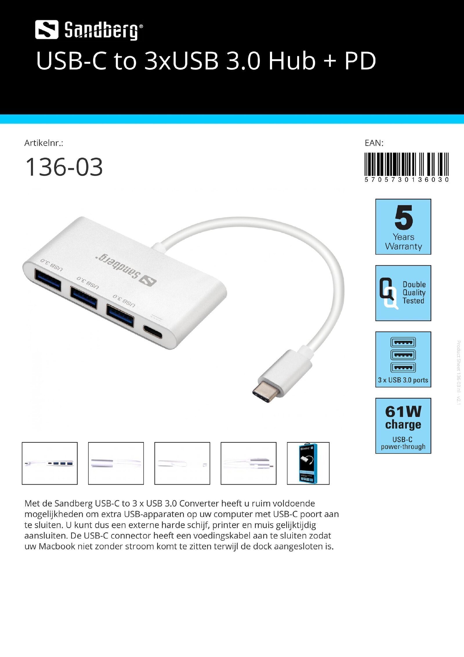 USB-C to 3x USB 3.0 Hub + PD